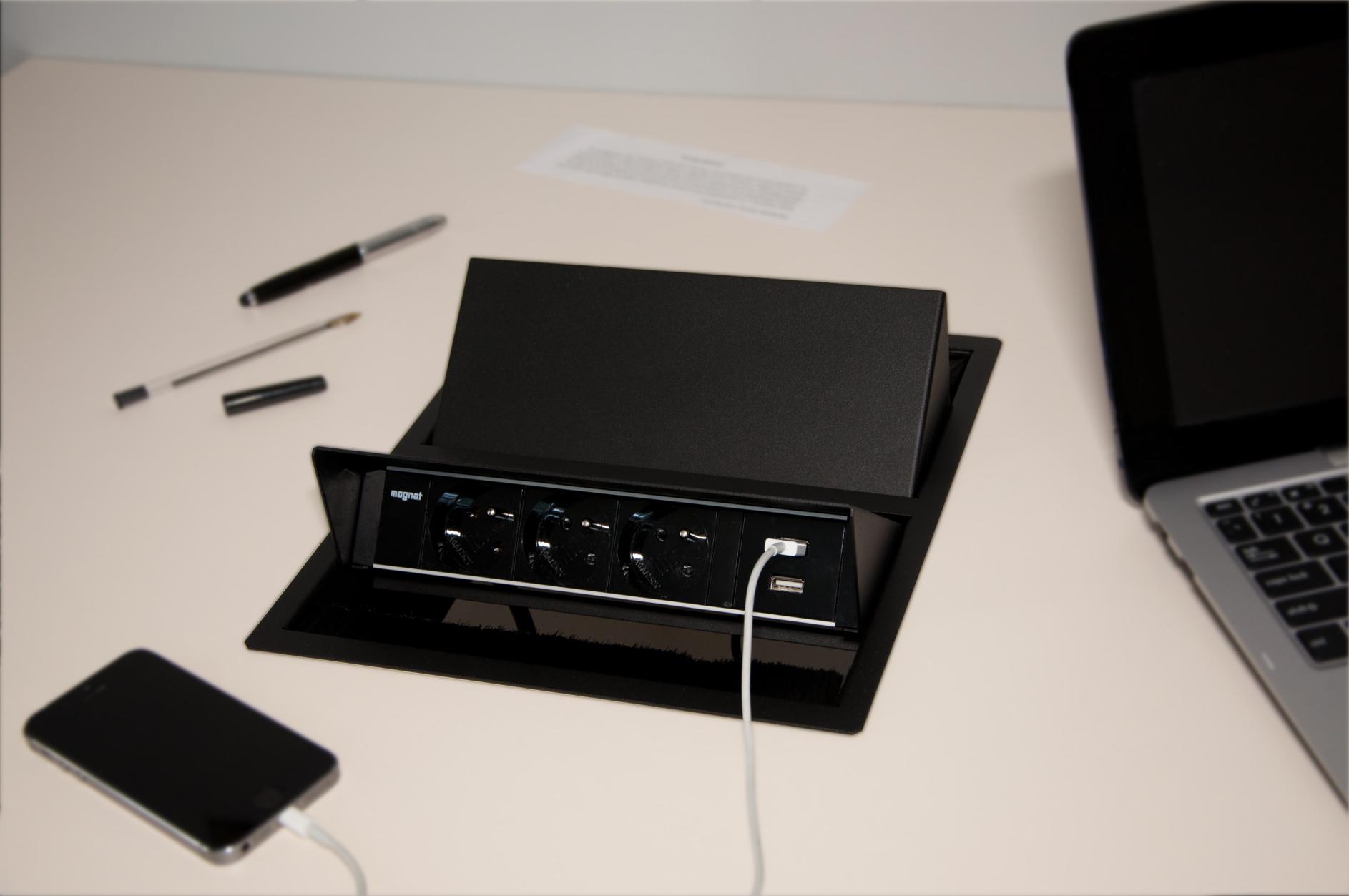 podwójna uchylna kaseta montowana w blacie stołu bądź biurka